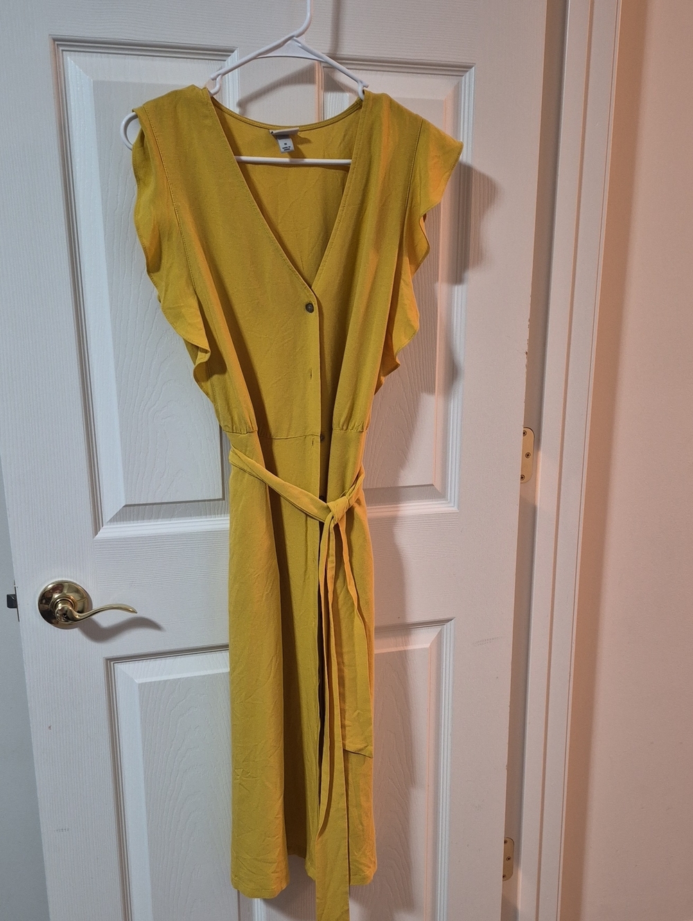 a new day Yellow V-Neck Midi Dress with Tie Waist and Flutter Sleeves